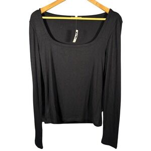 NWT Madewell Black Ribbed Square Neck Long Sleeve Top Womens Large